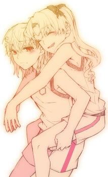 2girls absurdres arms_around_neck blush bow brown_eyes carrying closed_eyes commentary_request cowboy_shot curly_hair hair_bow hands_on_another's_thighs higashizukihi_sei highres long_hair misaka_mikoto monochrome multiple_girls open_mouth piggyback shirai_kuroko shorts simple_background sketch smile tank_top toaru_kagaku_no_railgun toaru_majutsu_no_index tokiwadai_school_gym_uniform two_side_up white_background yuri