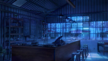 absurdres blue_theme box bucket cafe cardboard_box ceiling_fan coffee_maker counter cup electrical_outlet hanging_light highres indoors jinsan233 night no_humans original plant plate potted_plant scenery shelf stool teacup toaster window