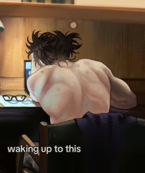 1boy absurdres arm_rest biceps bite_mark bite_mark_on_neck bite_mark_on_shoulder black_hair choso_(jujutsu_kaisen) computer from_behind glasses hickey highres jujutsu_kaisen k4enyu laptop male_focus meme muscular muscular_male pants photo-referenced short_hair sitting solo topless_male twintails twitter_username unworn_eyewear waking_up_to_this_(meme)