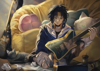 1boy aji_chii alternate_costume animal asaba_harumasa black_hair black_pants black_shirt blue_jacket cat collar collarbone couch electric_guitar grey_cat guitar guitar_case hashtag-only_commentary headband headphones headphones_around_neck highres holding holding_guitar holding_instrument holding_pencil indoors instrument instrument_case jacket looking_down male_focus musical_note pants paper parted_bangs pencil pillow shirt short_hair sitting solo spiked_collar spikes sticker sweat tongue tongue_out torn_clothes torn_pants twitter_username white_shirt writing yellow_eyes yellow_headband zenless_zone_zero