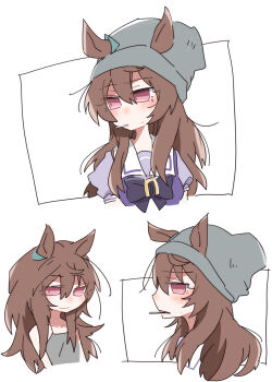 Rule 34 | 1girl, animal ears, bare shoulders, beanie, beer hsk, black bow, bow, brown hair, camisole, closed mouth, collarbone, commentary request, ears through headwear, grey camisole, grey hat, hair between eyes, hat, highres, horse ears, long hair, multiple views, nakayama festa (umamusume), puffy short sleeves, puffy sleeves, purple shirt, red eyes, school uniform, shirt, short sleeves, tracen school uniform, umamusume, very long hair, white background