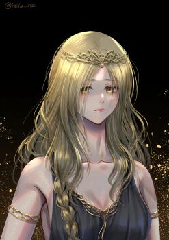 1girl anya_orz artist_name bare_shoulders black_background blonde_hair breasts circlet closed_mouth collarbone commentary elden_ring highres long_hair pink_lips queen_marika_the_eternal solo twitter_username upper_body wavy_hair yellow_eyes