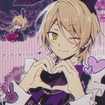 Rule 34 | 1boy, animal ears, bead necklace, beads, black bunny (ensemble stars!), black shirt, blonde hair, bow, cherry, chibi, chibi inset, commentary, earrings, ensemble stars!, food, frilled shirt, frills, fruit, gesshoku3, green eyes, hair between eyes, hands up, heart, heart hands, highres, jewelry, lace, light blush, long sleeves, looking at viewer, male focus, necklace, one eye closed, purple bow, rabbit ears, shiratori aira (ensemble stars!), shirt, short hair, smile, solo, sparkle, striped background, swept bangs, upper body, vertical-striped background, white wrist cuffs, wrist cuffs