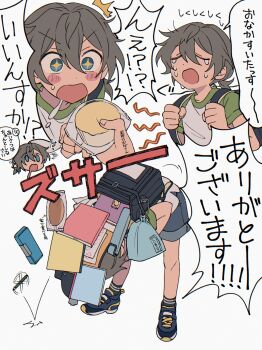 +_+ 1boy afterimage aged_down backpack bag bent_back black_socks blush_stickers book bouncing bowing chibi chibi_inset chromatic_aberration clumsy commentary dot_nose drawstring drawstring_bag drooling dropping ensemble_stars! film_grain giving_food green_shirt grey_hair hair_between_eyes highres hungry male_focus niyororinpayamaru open_bag pencil randoseru shiina_niki shirt shoes shorts sneakers socks speech_bubble stomach_growling t-shirt textbook translated tube_socks two-tone_shirt v-shaped_eyebrows white_background white_shirt