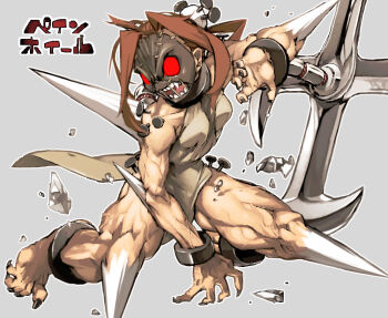 Rule 34 | 1girl, arm up, black nails, breasts, brown hair, commentary request, cuffs, debris, fingernails, floating hair, mask, muscular, muscular female, nail (hardware), open mouth, painwheel (skullgirls), red eyes, shackles, sharp fingernails, sharp toenails, skullgirls, small breasts, spikes, squatting, toenails, translation request, veins, veiny arms, veiny legs, ysk!
