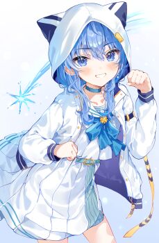 Rule 34 | 1girl, :d, absurdres, animal hood, belt, blue belt, blue eyes, blue hair, blue neckerchief, brooch, cat hood, commentary request, cowboy shot, double-parted bangs, dress, ear piercing, earrings, grin, hair between eyes, hand up, hands up, highres, hololive, hood, hood up, hooded jacket, hoshimachi suisei, hoshimachi suisei (sailor), jacket, jewelry, long hair, looking at viewer, medium dress, neckerchief, official alternate costume, open mouth, piercing, pleated dress, sailor collar, school uniform, sidelocks, smile, solo, star (symbol), star brooch, star in eye, symbol in eye, virtual youtuber, wasemkn, white dress, white jacket, white sailor collar