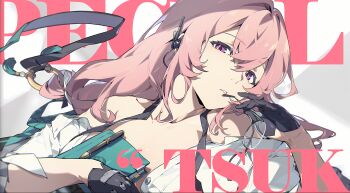 1girl absurdres bare_shoulders black_gloves breasts character_name clipboard collarbone english_text glasses gloves hair_between_eyes hair_ornament half_gloves highres holding holding_pen holding_pencil holding_removed_eyewear long_hair looking_at_viewer mindscape_cinema_(zenless_zone_zero) notebook off_shoulder official_art open_clothes open_shirt parted_lips partially_unbuttoned pen pencil pink_eyes pink_hair purple_eyes shirt solo text_background tsukishiro_yanagi unbuttoned unbuttoned_shirt unworn_eyewear upper_body white_shirt zenless_zone_zero