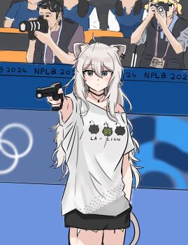 Rule 34 | 1boy, 2024 summer olympics, 2girls, animal ears, black choker, black shorts, camera, choker, commentary request, grey eyes, grey hair, gun, hair between eyes, highres, holding, holding gun, holding weapon, hololive, jewelry, lion ears, lion girl, lion tail, long hair, momosuzu nene, multiple girls, necklace, ninono shido0, olympics, people, shirt, shishiro botan, shishiro botan (midnight convenience store), shorts, tail, taking picture, virtual youtuber, weapon, white shirt, yagoo, yusuf dikec, yusuf dikec (meme)