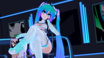 1girl 3d :3 aqua_hair arm_rest ass blue_eyes bodysuit boots breasts covered_erect_nipples crossed_legs daydream female_focus goodsmile_company gradient_hair gs-mantis hair_ornament hatsune_miku heart heart-shaped_pupils high_heel_boots high_heels highres long_hair looking_at_viewer looking_away multicolored_hair nipples open_clothes open_mouth racing_miku see-through_clothes shiny_skin sitting smile smirk solo source_request symbol-shaped_pupils tattoo teeth thigh_boots thighs tongue twintails underwear very_long_hair vocaloid white_bodysuit white_legwear wide_hips