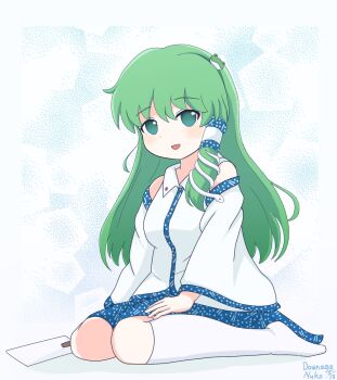 Rule 34 | 1girl, check commentary, collared shirt, commentary request, dated, detached sleeves, dounaga nuko, frog hair ornament, full body, gohei, green eyes, green hair, hair between eyes, hair ornament, hair tubes, hairband, hand on own thigh, highres, kneehighs, kochiya sanae, long hair, long sleeves, looking at viewer, nontraditional miko, open mouth, patterned background, seiza, shirt, signature, simple background, single hair tube, single sidelock, sitting, skirt, skirt set, smile, snake hair ornament, socks, solo, touhou, white background