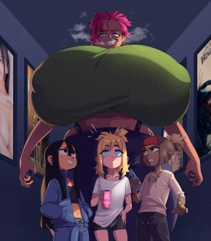 1girl 3boys absurdres age_difference beverage_can black_hair blonde_hair blue_eyes blue_jacket blue_pants bra_strap breasts brown_eyes brown_hair can covered_erect_nipples crop_top cross cross_earrings dark-skinned_male dark_skin denim drink ear_piercing earrings femdom gigantic_breasts green_eyes green_sweater hand_on_own_hip headband highres holding holding_can holding_drink imminent_penetration jacket jeans jewelry landlord's_son_(nuclear_wasabi) long_hair midriff movie_theater multiple_boys navel nell_(eigaka) nuclear_wasabi pants piercing pink_hair ponytail red_headband sharp_teeth shirt short_hair short_shorts shorts shota sidelocks size_difference sweater sweatpants t-shirt teeth whale_tail_(clothing) white_shirt wide_hips