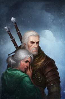 1boy 1girl absurdres armor beard brown_eyes ciri facial_hair geralt_of_rivia green_eyes green_robe highres hood hood_down hooded_robe kaasturovec robe scar scar_across_eye scar_on_face sword sword_on_back the_witcher_(series) the_witcher_3 upper_body weapon weapon_on_back white_hair