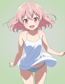 1girl aqua_panties arms_at_sides bare_shoulders blush bow bow_panties clothes_lift commentary_request cowboy_shot dot_nose double-parted_bangs dress dress_lift flat_chest floating_hair gluteal_fold green_background highres looking_at_viewer medium_hair open_mouth original panties pantyshot pink_eyes pink_hair sleeveless sleeveless_dress smile solo standing straight-on sundress take_zenni_chikuzenni underwear white_dress