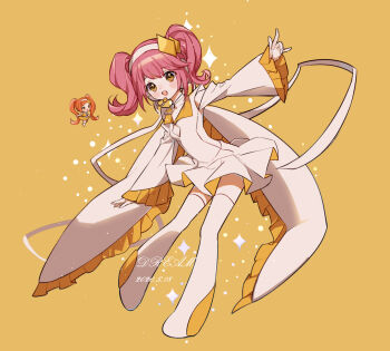 Rule 34 | 2girls, amulet dia, dia (shugo chara!), diamond hair ornament, dream han, dress, full body, hairband, headset, highres, hinamori amu, long hair, long sleeves, multiple girls, open mouth, orange background, orange eyes, pink hair, shugo chara!, smile, thighhighs, twintails, white dress, white footwear, white hairband