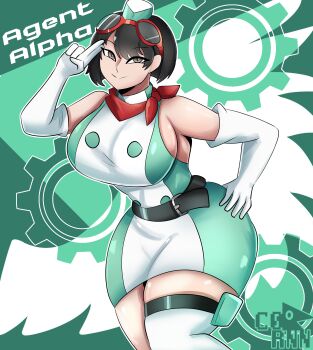 Rule 34 | 1girl, absurdres, bare shoulders, black hair, breasts, c0rnnnnnn, digimon, digimon story: time stranger, dress, elbow gloves, gears, gloves, goggles, goggles on head, green dress, green hat, hat, highres, large breasts, microdress, red scarf, scarf, short hair, smile, solo, thighhighs, two-tone dress, white dress, white gloves, yuuki kanan