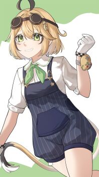 1girl ahoge black_hair blonde_hair blue_overalls closed_mouth dooby dooby_(1st_costume) gloves goggles goggles_on_head green_eyes highres indie_virtual_youtuber looking_at_viewer medium_hair mouse_girl mouse_tail multicolored_hair overalls rktsm shirt smile solo streaked_hair tail virtual_youtuber white_gloves white_shirt