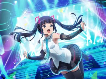 1girl aqua_nails aqua_necktie black_shoes black_skirt black_sleeves blue_hair blunt_bangs cosplay detached_sleeves floating_hair game_cg grey_thighhighs hatsune_miku hatsune_miku_(cosplay) headset high_heels jumping long_hair looking_at_viewer necktie official_art open_mouth outstretched_arms shirt shoes shoujo_kageki_revue_starlight shoujo_kageki_revue_starlight_-re_live- skirt sleeveless sleeveless_shirt solo stage stage_lights thighhighs tsuyuzaki_mahiru twintails upper_body vocaloid white_shirt