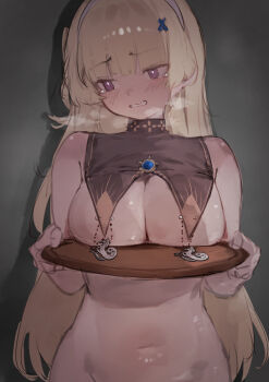 1girl alternate_breast_size_(larger) black_collar blonde_hair blush breast_curtains breasts breath collar commentary hair_ornament hairband highres holding holding_tray large_breasts long_hair looking_to_the_side navel nude out-of-frame_censoring parted_lips phoebe_(wuthering_waves) presenting_breasts purple_eyes sketch solo stomach tearing_up tray very_long_hair white_hairband wuthering_waves x_hair_ornament xaea_xp