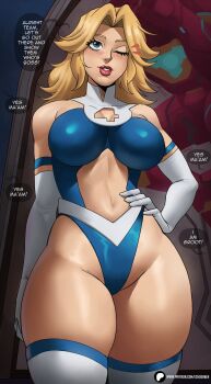1girl absurdres blonde_hair blue_bodysuit blue_eyes bodysuit breasts earrings echo_saber fantastic_four gloves highres jewelry large_breasts leotard long_hair looking_at_viewer marvel marvel_rivals multicolored_bodysuit navel one_eye_closed smile solo sue_storm superhero_costume thighhighs two-tone_bodysuit