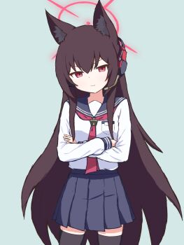 &gt;:) 1girl animal_ear_fluff animal_ears aqua_background black_sailor_collar black_skirt black_thighhighs blue_archive brown_hair closed_mouth commentary cowboy_shot crossed_arms fox_ears fox_girl halo headphones highres implied_extra_ears light_smile long_hair long_sleeves looking_at_viewer miniskirt neckerchief pleated_skirt red_eyes red_halo red_neckerchief sailor_collar school_uniform serafuku shirt sidelocks simple_background skirt smug solo straight_hair synaaap thighhighs v-shaped_eyebrows very_long_hair white_shirt yukino_(blue_archive) zettai_ryouiki