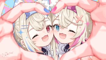 Rule 34 | 2girls, absurdres, animal ears, bandaid, bandaid hair ornament, black collar, blonde hair, blue eyes, blue nails, blue streaks, collar, commentary, dog ears, dog girl, fang, four-finger heart hands, fuwawa abyssgard, fuwawa abyssgard (1st costume), hair ornament, hairpin, headphones, headphones around neck, heart, heart hands, heart hands duo, highres, hololive, hololive english, long hair, looking at viewer, medium hair, mococo abyssgard, mococo abyssgard (1st costume), multicolored hair, multiple girls, nail polish, one eye closed, pink nails, pink streaks, red eyes, siblings, sisters, skin fang, streaked hair, twins, two side up, u da desu, very long hair, virtual youtuber, x hair ornament