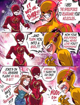 Rule 34 | 2boys, 2girls, bisexual female, blush, bodysuit, breasts, brown hair, commentary, corrupted twitter file, dc comics, english commentary, english text, evil smile, genderswap, genderswap (mtf), grs-, half-closed eye, highres, it was me barry (meme), long hair, meme, multiple boys, multiple girls, open mouth, original, parted lips, raised eyebrow, red bodysuit, reverse flash, smile, teeth, the flash, upper teeth only, yellow bodysuit, yuri