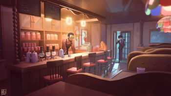 2boys adjusting_eyewear alina_l amamiya_ren antique_phone apron beard black-framed_eyewear black_apron black_hair black_jacket black_shoes booth_seating cafe cash_register ceiling_light chair clock closed_mouth coffee_maker coffee_mug coffee_pot commentary cup door english_commentary facial_hair glasses hand_in_pocket highres indoors jacket long_sleeves male_focus morgana_(cat)_(persona_5) morgana_(persona_5) mug multiple_boys open_door painting_(object) pants persona persona_5 phone pink_shirt plaid_clothes plaid_pants rotary_phone sakura_soujirou scenery school_uniform shirt shoes short_hair shuujin_academy_school_uniform sleeves_rolled_up smile standing teapot walking wide_shot