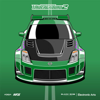 absurdres car commentary copyright_name electronic_arts english_commentary green_background green_car green_theme highres logo motor_vehicle need_for_speed need_for_speed:_underground_2 nissan nissan_350z nissan_fairlady_z spoiler_(automobile) vehicle_focus yogabudiw