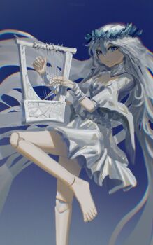 1girl absurdres blue_eyes braid commentary crisslioo doll_joints dress elden_ring elden_ring_nightreign english_commentary flower_wreath head_wreath highres holding jewelry joints long_hair looking_at_viewer low_twin_braids revenant_(elden_ring) solo twin_braids veil white_dress white_hair white_veil