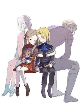 1boy 1girl absurdres aged_down aged_up armor blonde_hair blue_cape brown_hair cape closed_eyes closed_mouth commentary_request dimitri_alexandre_blaiddyd dimitri_alexandre_blaiddyd_(young) dress edelgard_von_hresvelg edelgard_von_hresvelg_(young) fire_emblem fire_emblem:_three_houses formal_clothes from_side garreg_mach_monastery_uniform hair_between_eyes hair_ribbon head_tilt heads_together highres holding ikaikakka leaning_on_person leaning_to_the_side long_hair long_sleeves nintendo official_alternate_costume pants pantyhose red_cape red_pantyhose ribbon shade short_hair side_cape sitting sleeping smile stuffed_animal stuffed_toy suit teddy_bear teeth twintails white_hair