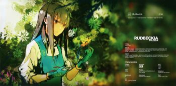 Rule 34 | 1girl, absurdres, apron, blue apron, blue gloves, breasts, brown hair, earrings, employee uniform, flower, gardening, gloves, green eyes, highres, holding, holding flower, idolmaster, idolmaster cinderella girls, jewelry, leaf, long hair, long sleeves, lowlight kirilenko, open mouth, purple flower, red flower, rudbeckia, shears, shibuya rin, sidelocks, solo, upper body, white flower, yellow flower