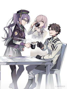 1boy 2girls atlas_academy_uniform black_gloves black_hair black_shirt black_thighhighs breasts carimarica collared_shirt commentary_request cup dress drinking fate/grand_order fate_(series) fujimaru_ritsuka_(male) fujimaru_ritsuka_(male)_(decisive_battle_chaldea_uniform) glasses gloves green_necktie hair_between_eyes hat highres holding holding_cup jacket long_hair long_sleeves mash_kyrielight mash_kyrielight_(chaldea_uniform) multiple_girls necktie open_mouth pants purple_eyes purple_hair purple_hat purple_vest shirt short_hair simple_background sion_eltnam_(type-moon) sion_eltnam_sokaris skirt smile table thighhighs twintails vest white_background white_jacket white_shirt white_skirt