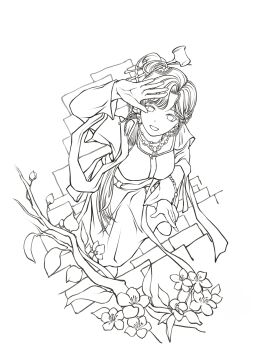 1girl absurdres arm_up branch chinese_clothes chinese_hairpin dipper flower from_above full_body greyscale grin hagoromo hair_bun hand_up hanfu highres jiu_niangzi layered_sleeves leaf lineart long_skirt long_sleeves looking_at_viewer monochrome reverse:1999 shawl short_over_long_sleeves short_sleeves shuoyaori_xianding single_side_bun skirt smile solo standing stone_floor white_background