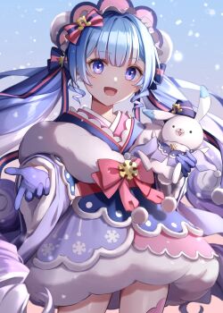 1girl aqua_hair blue_bonnet blue_eyes blue_gloves blue_shoes bonnet bow commentary_request cool_colored curly_hair dress fur-trimmed_sleeves fur_trim gloves hair_between_eyes hair_bow hair_ornament half_gloves hatsune_miku highres japanese_clothes kimono layered_dress long_hair long_sleeves looking_at_viewer miku_day multicolored_hair official_alternate_costume official_alternate_hairstyle open_mouth pink_bow pink_hair pink_thighhighs pom_pom_(clothes) pom_pom_hair_ornament rabbit rabbit_yukine rako_shikibu reaching reaching_towards_viewer shoes short_dress short_kimono smile snowflake_print streaked_hair thighhighs twintails two-tone_hair very_long_hair vocaloid white_rabbit_(animal) wide_sleeves yuki_miku yuki_miku_(2023) zettai_ryouiki