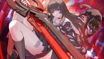 Rule 34 | 1girl, absurdres, arm cutout, black cat, black choker, black hair, black jacket, black serafuku, black shirt, black skirt, black socks, blue eyes, cat, chisa (wuthering waves), choker, closed mouth, clothing cutout, collarbone, commentary request, highres, holding, holding sword, holding weapon, jacket, long hair, long sleeves, looking at viewer, mole, mole under eye, neckerchief, red neckerchief, sailor collar, school uniform, serafuku, shirt, skirt, socks, solo, sword, thighs, weapon, white sailor collar, wuthering waves, yoshioka (rockwell sv)