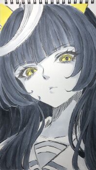 1girl animal_ears calstone_light_o_(umamusume) closed_mouth commentary_request from_below greyscale highres horse_ears horse_girl long_hair looking_at_viewer mizuiro_neko monochrome multicolored_hair photo_(medium) portrait sailor_collar sidelocks solo traditional_media two-tone_hair umamusume yellow_eyes