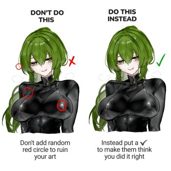 1girl arknights arknights:_endfield black_bodysuit bodysuit breasts checkmark covered_collarbone cropped_torso english_text fluorite_(arknights) green_eyes green_hair hair_between_eyes heavy_breathing highres large_breasts long_hair looking_at_viewer meme multiple_views simple_background smile wawamachi white_background