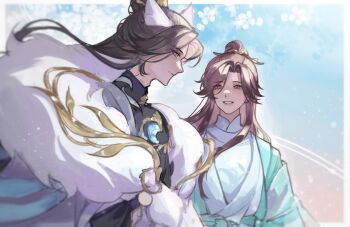 Rule 34 | 2boys, absurdres, animal ears, aqua coat, black hair, black shirt, blue background, border, brown eyes, brown hair, cat boy, cat ears, chinese clothes, chinese commentary, cloak, closed mouth, coat, commentary request, curtained hair, daxiushan, floral background, fur-trimmed cloak, fur trim, hair ornament, hair stick, hanfu, highres, hua yi shanxin zhiyue, kemonomimi mode, long hair, long sleeves, looking at another, male focus, multiple boys, official alternate costume, open clothes, open coat, outside border, parted bangs, parted lips, profile, robe, shirt, shiyue950, smile, the prince (hua yi shanxin zhiyue), topknot, turtleneck, turtleneck shirt, upper body, white border, white robe, xiao guan (headdress), xuan wangjun, yellow eyes, yuanlingpao