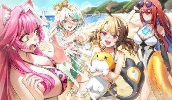 Rule 34 | 4girls, :d, adjusting eyewear, ahoge, alternate costume, animal ears, animal print, beach, bikini, bikini bottom under shorts, bikini under clothes, black gloves, blue fire, blue hair, blue sky, braid, breasts, brown hair, casual one-piece swimsuit, cecilia immergreen, cecilia immergreen (holonatsu paradise), center-flap bangs, closed mouth, colored inner hair, commentary, day, denim, denim shorts, doll, doll joints, double-parted bangs, elizabeth rose bloodflame, english commentary, extra ears, eyewear on head, fang, fire, fire on chest, frilled one-piece swimsuit, frills, gigi murin, gigi murin (holonatsu paradise), gloves, green eyes, green hair, green one-piece swimsuit, grem (gigi murin), grey hair, hair between eyes, hair ornament, hairclip, highres, holojustice, hololive, hololive english, huge ahoge, joints, large breasts, leopard print, leopard print bikini, long hair, multicolored hair, multicolored swimsuit, multiple girls, official alternate costume, one-piece swimsuit, open mouth, orange bikini, panther ears, panther tail, parallel hairclips, pink bikini, pink eyes, pink hair, print bikini, raora panthera, raora panthera (holonatsu paradise), red eyes, red hair, sharp teeth, short hair, short shorts, short twintails, shorts, side braid, sidelocks, single braid, single glove, single sidelock, sky, smile, streaked hair, swimsuit, tail, teeth, twintails, two-tone hair, very long hair, virtual youtuber, wavy mouth, white hair, white one-piece swimsuit, winding key, wszkii, yellow eyes