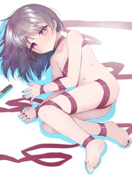 1girl absurdres barefoot blush closed_mouth commentary earrings english_commentary fallenshadow feet flat_chest highres indie_virtual_youtuber jewelry knife looking_at_viewer lying medium_hair nail_polish naked_ribbon navel on_side pink_eyes purple_hair purple_nails purple_ribbon ribbon semnomeart soles solo toenail_polish toenails toes virtual_youtuber