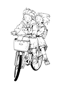 2girls absurdres bag closed_eyes greyscale highres j6ptta long_sleeves monochrome motor_vehicle multiple_girls multiple_riders neckerchief open_mouth original pleated_skirt riding school_uniform serafuku short_hair skirt smile
