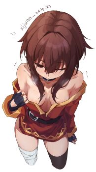 1girl absurdres alternate_breast_size_(larger) areola_slip bandaged_leg bandages bare_shoulders blush border breasts brown_eyes brown_hair dress fingerless_gloves gloves hair_between_eyes heavy_breathing highres kono_subarashii_sekai_ni_shukufuku_wo! medium_breasts megumin motion_lines off-shoulder_dress off_shoulder one_eye_closed short_hair_with_long_locks simple_background single_thighhigh solo squeans sweat thighhighs transparent_border white_background yi_zhi_shenmi_de_xijun
