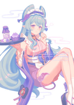 1girl 39_iduki bell blush bottle bow breasts closed_mouth commentary_request dango_milk_(genshin_impact) detached_sleeves food frills genshin_impact hair_between_eyes highres holding holding_tray japanese_clothes kimono large_breasts long_hair looking_at_viewer maid milk_bottle neck_bell nihongami obi obi_bow pointy_ears sash simple_background solo tabi tray very_long_hair vision_(genshin_impact) wa_maid watermark white_background wide_sleeves yumemizuki_mizuki