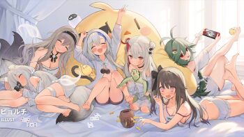 6+girls animal animal_ear_fluff animal_ears arms_up ass azur_lane bare_shoulders barefoot blue_hair breasts butt_crack byulzzi camisole card cleavage feet full_body green_hair grey_hair grey_tail holding holding_animal kasumi_(azur_lane) large_tail libeccio_(azur_lane) loading_screen lying maestrale_(azur_lane) manjuu_(azur_lane) medium_breasts multicolored_hair multiple_girls murmansk_(azur_lane) nintendo_switch official_alternate_costume official_art on_stomach open_mouth pamiat_merkuria_(azur_lane) pamiat_merkuria_(sweet_cherry_memories)_(azur_lane) playing_card pop-up_pirate purple_eyes red_eyes red_hair shorts siblings sisters sleeping soles strapless streaked_hair tail third-party_source toes torricelli_(azur_lane) turtle two-tone_hair white_camisole white_shorts