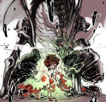 1boy bahamut_(final_fantasy) bartz_klauser blood brown_hair casting_spell claws dragon earth_(planet) fangs final_fantasy final_fantasy_v hair_over_one_eye heavy_breathing kneeling planet red_eyes robe simple_background smoke summoning udonnigu white_mage_(final_fantasy) white_robe wings