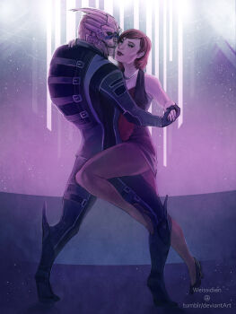 alien black_dress commander_shepard commander_shepard_(female) dancing dress garrus_vakarian highres holding_hands mass_effect_(series) mass_effect_3 miyaulait tumblr turian