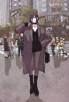 4girls 5boys angel_devil_(chainsaw_man) angel_wings animal animal_on_shoulder artist_self-insert bag beam_(chainsaw_man) black_choker black_coat black_dress black_footwear black_hair black_jacket black_pants blonde_hair boots braid braided_ponytail brown_hair brown_jacket chainsaw_man choker cityscape coat denji_(chainsaw_man) dress green_eyes green_hoodie grenade_pin grey_coat hair_between_eyes hair_bun halo handbag hands_in_pockets hayakawa_aki higashiyama_kobeni highres hood hoodie horns jacket long_hair long_sleeves looking_at_viewer makima_(chainsaw_man) medium_hair mouse_(animal) multiple_boys multiple_girls pants pantyhose plague_doctor_mask power_(chainsaw_man) red_hair red_horns reze_(chainsaw_man) road short_hair sidelocks sideways_glance single_hair_bun single_sidelock sleeves_past_wrists smile standing street takeuchi_ryousuke topknot violence_fiend_(chainsaw_man) white_wings wings