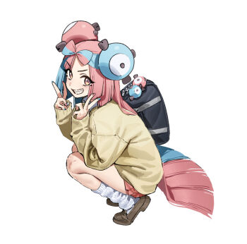 1girl alternate_costume bag bag_charm blue_hair blue_nails blush bow-shaped_hair cardigan charm_(object) gen_1_pokemon grin highres iono_(pokemon) long_hair long_sleeves looking_at_viewer magnemite mx2j nail_polish nintendo pink_hair pink_nails pokemon pokemon_sv school_bag sharp_teeth shoes simple_background skirt smile socks solo squatting teeth very_long_hair white_background white_socks yellow_cardigan