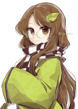 Rule 34 | 1girl, black scarf, brown eyes, brown hair, checkered clothes, checkered scarf, closed mouth, commentary request, futatsuiwa mamizou, futatsuiwa mamizou (human), glasses, green kimono, hair ornament, highres, japanese clothes, kimono, leaf hair ornament, long hair, long sleeves, looking at viewer, looking to the side, round eyewear, scarf, simple background, smile, solo, tama (hiroshige 36), touhou, twitter username, upper body, white background, white scarf