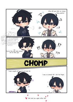 ! !! !? 2boys ahoge bite_mark black_coat black_eyes black_hair black_shirt breath chibi chibi_only coat curtained_hair double-parted_bangs english_text flustered hair_between_eyes hand_up heart highres kim_dokja kimidori_22 male_focus motion_lines multiple_boys omniscient_reader&#039;s_viewpoint open_clothes open_coat popped_collar sexually_suggestive shirt short_hair sound_effects sweatdrop trembling upper_body white_coat yoo_joonghyuk